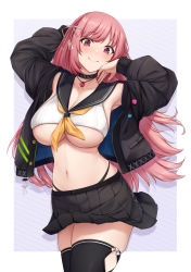 Rule 34 | 1girl, arms up, black skirt, black thighhighs, blush, breasts, choker, closed mouth, crop top, hair ribbon, heart, heart necklace, highleg, highres, jacket, jewelry, kannko bokujou, large breasts, long hair, looking at viewer, midriff, navel, necklace, open clothes, open jacket, original, pink eyes, pink hair, pleated skirt, revision, ribbon, sailor collar, skirt, smile, solo, standing, thighhighs, underboob, virtual youtuber, yellow neckwear
