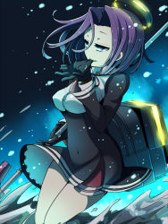 Rule 34 | 10s, 1girl, adjusting clothes, adjusting gloves, bad id, bad pixiv id, biting, black gloves, gloves, halo, kantai collection, kuro yuzu, mechanical halo, personification, polearm, purple eyes, purple hair, solo, spear, tatsuta (kancolle), weapon