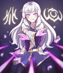 Rule 34 | 1girl, blush, crossed arms, dress, fire emblem, fire emblem: three houses, fire emblem warriors: three hopes, grin, highres, long hair, looking at viewer, lysithea von ordelia, magic, nintendo, outstretched arms, purple dress, purple eyes, sher (imnotsher), smile, solo, white hair, white sleeves