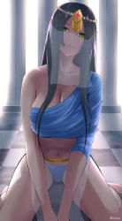 Rule 34 | 1girl, 52 shi 3, absurdres, backlighting, black hair, blouse, blue panties, blue shirt, breasts, checkered floor, circlet, cleavage, closed mouth, collarbone, dark-skinned female, dark skin, facial mark, fate/grand order, fate (series), forehead jewel, green eyes, highres, large breasts, long hair, looking at viewer, mouth veil, navel, panties, parted bangs, pelvic curtain, scheherazade (fate), shirt, single-shoulder shirt, single bare shoulder, single sleeve, sitting, smile, solo, thighs, underwear, veil, wariza