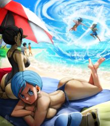 Rule 34 | 2boys, 4girls, absurdres, ass, barefoot, battle, beach, bikini, black hair, blue eyes, blue hair, breasts, bulma, caulifla, chi-chi (dragon ball), curvy, dragon ball, dragon ball super, elite nappa, highleg, highleg swimsuit, highres, huge ass, husband and wife, kale (dragon ball), large breasts, looking at another, lying, multiple boys, multiple girls, ocean, on stomach, one-piece swimsuit, punching, shiny skin, short hair, shorts, sitting, son goku, spiked hair, sunbathing, swimsuit, thong bikini, topless, v-shaped eyebrows, vegeta