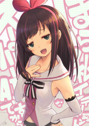 Rule 34 | 1girl, :d, bare shoulders, black ribbon, blush, brown hair, buttons, detached sleeves, double-breasted, gradient background, green eyes, hair ribbon, hairband, half-closed eyes, hand on own hip, hand on own chest, jitome, kizuna ai, kizuna ai inc., lace-trimmed sleeves, lace trim, long hair, long sleeves, looking at viewer, open mouth, pink hair, pink hairband, pink ribbon, piro (orip), raised eyebrows, ribbon, school uniform, serafuku, shirt, signature, sleeves past wrists, smile, solo, translation request, upper body, virtual youtuber, white shirt