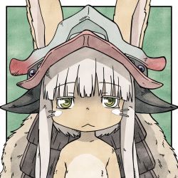 Rule 34 | 1other, animal ears, ears through headwear, furry, horizontal pupils, looking at viewer, made in abyss, nanachi (made in abyss), rabbit ears, seiyasaikoro, simple background, solo, whiskers, white hair, yellow eyes