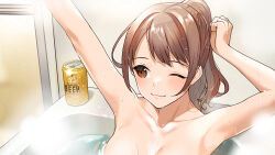 Rule 34 | 1girl, alcohol, armpits, arms up, bath, bathing, bathroom, bathtub, beer, beer can, blush, breasts, brown eyes, brown hair, can, closed mouth, doushimasho, drink can, glass door, indoors, large breasts, one eye closed, original, ponytail, sliding doors, steam, stretching, water, wet