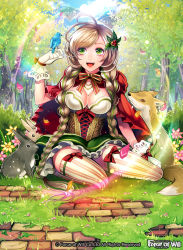 Rule 34 | 1girl, ahoge, bird, bow, bowtie, braid, breasts, rabbit, cleavage, copyright name, day, flower, force of will, fox, full body, grass, green eyes, hair ornament, hood, leaf, little red riding hood, long hair, matsurika youko, open mouth, petals, sitting, sky, solo, teeth, thighhighs, tree, twin braids