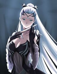 Rule 34 | black choker, black dress, black gloves, black tiara, blue hair, breasts, choker, cleavage, collarbone, crying, crying with eyes open, dress, earrings, eir (fire emblem), fire emblem, fire emblem heroes, frilled sleeves, frills, gloves, highres, holding, holding knife, jewelry, knife, long hair, medium breasts, nintendo, non-web source, ponytail, sidelocks, tears, tiara, white dress, white hair