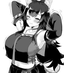 Rule 34 | 1girl, alternate breast size, animal ear fluff, animal ears, armpits, arms behind head, batsu, blush, breasts, detached sleeves, flipped hair, greyscale, hair between eyes, hair ornament, hairclip, hololive, large breasts, long hair, low-tied long hair, midriff, monochrome, navel, necktie, one eye closed, ookami mio, ookami mio (1st costume), pleated skirt, sailor collar, shirt, simple background, skirt, sleeveless, sleeveless shirt, solo, stretching, tail, trembling, very long hair, virtual youtuber, white background, wolf girl, wolf tail
