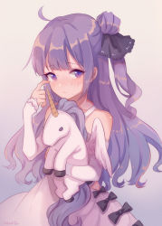 Rule 34 | 1girl, azur lane, bare shoulders, black bow, black ribbon, blush, bow, closed mouth, collarbone, commentary request, detached sleeves, dress, hair bun, hair ribbon, halterneck, highres, long hair, long sleeves, looking at viewer, hugging object, one side up, purple eyes, purple hair, ribbon, side bun, single hair bun, single side bun, sleeves past wrists, solo, spirit (624793092), stuffed animal, stuffed pegasus, stuffed toy, stuffed unicorn, stuffed winged unicorn, tears, unicorn (azur lane), very long hair, white dress