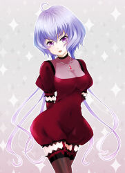 Rule 34 | 1girl, arms behind back, blush, breasts, cleavage, detached sleeves, dress, garter straps, grey background, jewelry, large breasts, long hair, merome, navel, necklace, open mouth, purple hair, senki zesshou symphogear, solo, thighhighs, tight clothes, tight dress, very long hair, yukine chris