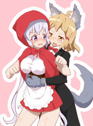 Rule 34 | 2girls, :d, alternate costume, animal ears, bare legs, blush, bow, bowtie, breasts, brown eyes, capelet, clenched hands, cosplay, eye contact, fang, female focus, formal, hair ornament, highres, hood, hug, hug from behind, large breasts, legs, light brown hair, little red riding hood, long hair, long sleeves, looking at another, looking back, low twintails, moto (pixiv409535), multiple girls, naughty face, open mouth, pink background, purple eyes, red bow, red hood, red skirt, scared, senki zesshou symphogear, short hair, silver hair, simple background, skirt, smile, standing, suit, sweat, tachibana hibiki (symphogear), tail, twintails, very long hair, wavy mouth, wolf ears, wolf tail, you gonna get raped, yukine chris, yuri