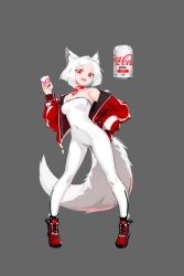 Rule 34 | 1girl, absurdres, animal ears, bare shoulders, breasts, can, coca-cola, collar, deel (rkeg), fangs, fox ears, fox tail, grey background, highres, holding, holding can, jacket, looking at viewer, medium breasts, off shoulder, open clothes, open jacket, open mouth, original, personification, red eyes, short hair, solo, strapless, tail, unitard, white hair