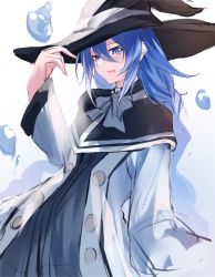 Rule 34 | 1girl, arm up, black capelet, black hat, blue background, blue eyes, blue hair, bow, braid, capelet, commentary request, dress, gradient background, grey bow, grey dress, hair between eyes, hand on headwear, hat, highres, long hair, long sleeves, looking at viewer, mushoku tensei, open clothes, open robe, parted lips, robe, roxy migurdia, solo, twin braids, very long hair, water drop, white background, white robe, wide sleeves, witch hat, yuki maccha (yukimattya10)