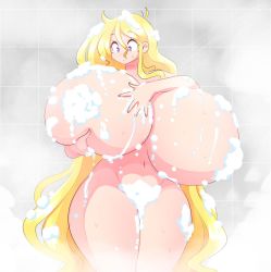 Rule 34 | 1girl, blonde hair, body blush, breast lift, breasts, cassie (theycallhimcake), cleavage, convenient censoring, dullahan, gigantic breasts, highres, long hair, nail polish, navel, nude, original, pink nails, purple eyes, shower, soap, soap bubbles, soap censor, solo, theycallhimcake, wet