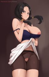 Rule 34 | 1girl, areola slip, black hair, blue eyes, breasts, cleavage, cleft of venus, crotch cutout, dragon ball, highres, kisou (kisou00), large breasts, long hair, nipple slip, nipples, pussy, solo, tagme, thighs, uncensored, videl, wide hips