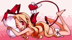 Rule 34 | 1girl, :p, blonde hair, bow, breasts, demon tail, demon wings, disgaea, earrings, flonne, flonne (fallen angel), heart, jewelry, legs up, long hair, lying, nyxon, on stomach, one eye closed, pillow, pointy ears, puffy nipples, red eyes, shoe dangle, shoes, single shoe, small breasts, smile, solo, tail, tail bow, tail ornament, tongue, tongue out, wings