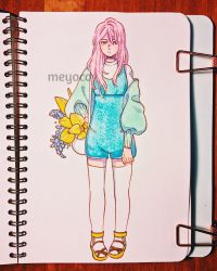 Rule 34 | 1girl, absurdres, artist name, bad id, bad twitter id, expressionless, full body, hair between eyes, highres, holding, inktober, leaf, long hair, long sleeves, meyoco, original, photo (medium), pink hair, puffy long sleeves, puffy sleeves, sandals, simple background, solo, standing, thighhighs, traditional media, white background, white thighhighs, yellow footwear