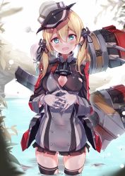 Rule 34 | 1girl, black skirt, black thighhighs, blonde hair, blue eyes, blush, breasts, cowboy shot, fuku kitsune (fuku fox), gloves, hair between eyes, hat, highres, kantai collection, long hair, long sleeves, low twintails, machinery, medium breasts, military, military hat, military uniform, miniskirt, navel, open mouth, partially submerged, peaked cap, pleated skirt, prinz eugen (kancolle), skirt, solo, thighhighs, torn clothes, torn skirt, torn thighhighs, twintails, uniform, wading, white gloves