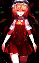 Rule 34 | 1girl, ascot, black background, blonde hair, eyebrows, fangs, flandre scarlet, hat, hat ribbon, highres, looking at viewer, mob cap, open mouth, red eyes, red ribbon, red skirt, ribbon, sh (shinh), short sleeves, side ponytail, skirt, skirt set, solo, teeth, thighhighs, touhou, walking, white thighhighs, wings