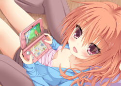 Rule 34 | 1girl, 1other, :d, blush, breasts, breasts apart, brown pants, clip studio paint (medium), collarbone, commentary request, dutch angle, game console, hair between eyes, handheld game console, happy, holding, holding handheld game console, inaba meguru, long hair, looking at viewer, looking up, monster hunter, monster hunter (series), monster hunter 4, nekono, nintendo 3ds, no bra, open mouth, orange hair, pants, pink shirt, playing games, ponytail, red eyes, sanoba witch, shirt, sleeves past wrists, small breasts, smile, solo focus, wavy hair