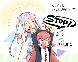Rule 34 | 10s, 2girls, :d, ^ ^, ahoge, animal ear headphones, animal ears, arms up, bang dream!, blazer, blue hair, blunt bangs, blush, cat ear headphones, clenched hands, closed eyes, collared shirt, fake animal ears, gana (mknumi), hands up, headphones, jacket, jewelry, lab coat, long sleeves, multicolored hair, multiple girls, necklace, necktie, nyubara reona, open mouth, pink hair, print legwear, puff of air, red hair, shirt, smile, standing, streaked hair, striped neckwear, t-shirt, tamade chiyu, twintails, two-tone hair, white shirt