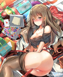 Rule 34 | 1girl, anal beads, areola slip, ass, bad id, bad pixiv id, bare shoulders, between legs, black ribbon, blush, breasts, brown eyes, brown hair, brown pantyhose, censored, cleavage, clothes pull, covering privates, covering crotch, girls&#039; frontline, hair ornament, hair ribbon, hairclip, hand between legs, highres, k2 (girls&#039; frontline), letter, long hair, looking at viewer, love letter, lying, medium breasts, mosaic censoring, no panties, on side, pantyhose, pantyhose pull, ribbon, septet (zrca janne), sex toy, solo