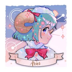 Rule 34 | 1girl, aries (constellation), aries (zodiac), blue eyes, blue hair, border, bow, bowtie, constellation, cropped shoulders, facing to the side, fortissimo, fur collar, goat horns, highres, horns, looking at viewer, mahou shoujo madoka magica, mahou shoujo madoka magica (anime), miki sayaka, musical note, personification, pink bow, pink bowtie, profile, short hair, smile, solo, star (symbol), text focus, white border, yooki (winter cakes), zodiac
