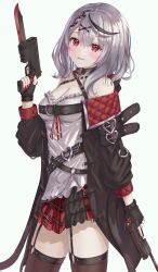 Rule 34 | 1girl, bare shoulders, breasts, cleavage, grey hair, hololive, multicolored hair, number nine (num 9a), red eyes, sakamata chloe, short hair, simple background, smile, solo, streaked hair, weapon