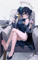 Rule 34 | 1girl, absurdres, barefoot, black coat, black dress, black footwear, black gloves, black hair, blue archive, breasts, burger, butterfly hair ornament, cat, china dress, chinese clothes, chinese commentary, coat, commentary request, couch, crossed legs, cup, double bun, dress, feet, food, full body, gloves, grey eyes, grey halo, hair bun, hair ornament, halo, hands up, highres, holding, holding burger, holding cup, holding food, kisaki (blue archive), long hair, looking ahead, maochibuqihuyu, off shoulder, on couch, open mouth, single barefoot, sitting, small breasts, soles, solo, thighs, toes