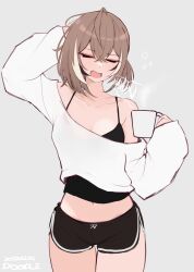 Rule 34 | 1girl, alternate costume, black camisole, breasts, brown hair, camisole, closed eyes, cup, gym shorts, hair between eyes, highres, hololive, hololive english, m r b, medium breasts, medium hair, multicolored hair, nanashi mumei, navel, off-shoulder shirt, off shoulder, open mouth, shirt, shorts, solo, streaked hair, virtual youtuber, white shirt, yawning