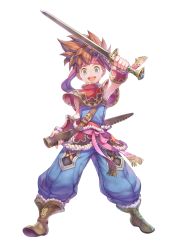 Rule 34 | 1boy, boots, bracer, brown hair, fur trim, headband, looking at viewer, male focus, official art, open mouth, poncho, randi (seiken densetsu 2), scabbard, seiken densetsu, seiken densetsu 2, sheath, simple background, sleeveless, smile, solo, spiked hair, square enix, sword, weapon, white background