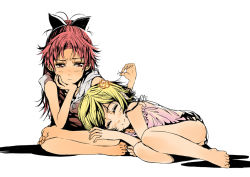 Rule 34 | 10s, 2girls, :|, ^ ^, annoyed, bad id, bad pixiv id, barefoot, blonde hair, blush, closed eyes, closed mouth, commentary request, crossed legs, feet, hair ornament, hair ribbon, lap pillow, legs, lying, mahou shoujo madoka magica, mahou shoujo madoka magica (anime), multiple girls, on side, red eyes, red hair, ribbon, sakura kyoko, sapphire satou, short hair, simple background, sitting, smile, soles, toes, tomoe mami, wavy mouth, white background