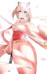 Rule 34 | 1girl, absurdres, alternate costume, animal ears, black choker, blonde hair, blue eyes, blush, breasts, cherry blossoms, choker, closed mouth, commentary, crossed bangs, feet out of frame, hair ornament, highres, holding, holding sword, holding weapon, hololive, japanese clothes, katana, kazama iroha, kemonomimi mode, kimono, looking at viewer, medium breasts, medium hair, obi, petals, pink kimono, pom pom (clothes), pom pom hair ornament, raccoon ears, rapi (zx4748), sash, scabbard, sheath, simple background, solo, standing, sword, two side up, virtual youtuber, weapon, white background, yukata