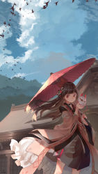 Rule 34 | 1girl, animal, bird, blue sky, bow, brown eyes, brown hair, brown kimono, building, cloud, commentary request, day, fingernails, fox mask, hair ribbon, hand up, highres, holding, holding mask, holding umbrella, japanese clothes, kimono, long hair, long sleeves, mask, nail polish, oil-paper umbrella, original, outdoors, red bow, red nails, red ribbon, red umbrella, ribbon, saraki, signature, sky, solo, standing, striped, striped bow, umbrella, very long hair, wide sleeves