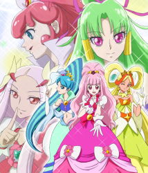 Rule 34 | 10s, 6+girls, :d, aqua hair, bare shoulders, beads, blue eyes, blue hair, bow, breasts, brooch, chieri (go! princess precure), cure empress, cure flower, cure mirage, detached collar, detached sleeves, dokidoki! precure, dress, earrings, finger to mouth, gloves, go! princess precure, gradient background, green hair, grin, hair bun, hair ornament, hair ribbon, hair rings, hair tubes, hanasaki kaoruko, happinesscharge precure!, heart, heartcatch precure!, high ponytail, index finger raised, jewelry, light purple hair, light smile, long hair, looking at viewer, low twintails, magical girl, midriff, moritakusan, multicolored hair, multiple girls, narrow waist, navel, one eye closed, open mouth, orange eyes, orange hair, outstretched hand, pink eyes, pink hair, ponytail, precure, previous cure flora, previous cure mermaid, previous cure twinkle, profile, purple eyes, queen mirage, ribbon, seashell, sei (go! princess precure), shawl, shell, sidelocks, single hair bun, sleeves past wrists, small breasts, smile, sparkle, spoilers, star (symbol), star earrings, streaked hair, tan, toei animation, twintails, two-tone hair, very long hair, wavy hair, yura (go! princess precure)