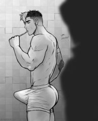 Rule 34 | ass, bara, bathroom, bulge, erection, facial hair, male focus, muscular, solo focus, spacebaddy, tagme, takashi shirogane, toothbrush, topless male, underwear, voltron, voltron: legendary defender, voltron (series)