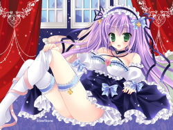 Rule 34 | 1girl, :d, bare shoulders, breasts, cleavage, clothes lift, green eyes, hairband, kirishima riona, large breasts, lolita hairband, long hair, looking at viewer, no panties, open mouth, original, purple hair, skirt, skirt lift, smile, solo, white legwear