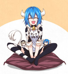 Rule 34 | 1girl, absurdres, animal print, bell, black thighhighs, blue hair, blush, breasts, cow girl, cow horns, cow print, cow tail, cowbell, doll, fang, full body, highres, horns, jacket, jashin-chan dropkick, large breasts, minos (jashin-chan dropkick), neck bell, open mouth, pekora (jashin-chan dropkick), print jacket, short hair, smile, solo, striped clothes, striped thighhighs, tail, thighhighs, track jacket, yuuki shushu