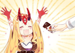Rule 34 | 1girl, :d, \o/, arms up, bad id, bad pixiv id, blonde hair, blush, collarbone, closed eyes, facial mark, facing viewer, fangs, fate/grand order, fate (series), fingernails, forehead mark, holding, horns, ibaraki douji (fate), long hair, nunucco, oni, oni horns, open mouth, out of frame, outstretched arms, sidelocks, smile, sparkle, sunburst