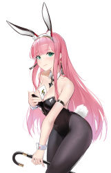 Rule 34 | 1girl, absurdres, animal ears, bare shoulders, between breasts, black pantyhose, breasts, card, cleavage, collarbone, darling in the franxx, earrings, fake animal ears, green eyes, highres, janload1ng, jewelry, leotard, long hair, looking at viewer, medium breasts, pantyhose, pink hair, playboy bunny, rabbit ears, rabbit tail, solo, tail, zero two (darling in the franxx)