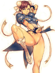 Rule 34 | 1girl, boots, bottomless, bracelet, breasts, brown hair, bun cover, capcom, china dress, chinese clothes, chun-li, double bun, dress, covered erect nipples, fumio (rsqkr), jewelry, leg lift, pussy, short hair, solo, spiked bracelet, spikes, street fighter, uncensored