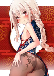 Rule 34 | 1girl, ass, back, bare shoulders, blue dress, blush, braid, braided ponytail, breasts, brown pantyhose, china dress, chinese clothes, cosplay, dress, earrings, embroidered legwear, fate/grand order, fate/kaleid liner prisma illya, fate (series), hair between eyes, highres, illyasviel von einzbern, jewelry, long hair, looking at viewer, looking back, mochi (k620803n), panties, panties under pantyhose, pantyhose, red eyes, sidelocks, small breasts, smile, solo, tassel, tassel earrings, underwear, white hair, yu mei-ren (fate), yu mei-ren (fate) (cosplay), yu mei-ren (spare the idle talk) (fate)