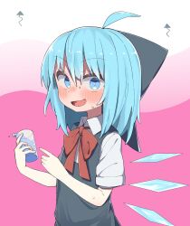 Rule 34 | 1girl, ahoge, arrow (symbol), blue eyes, blue hair, blush, bow, bowtie, bright pupils, cirno, cup, detached wings, drink, drinking glass, female focus, hair bow, highres, holding, holding cup, hot, kae karee, looking at viewer, medium hair, open mouth, pink background, red bow, red bowtie, short sleeves, solo, sweat, touhou, white pupils, wings