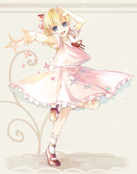 1girl blonde_hair bow child dress full_body happy highres looking_at_viewer magic mother_(series) mother_2 nintendo paula_(mother_2) pink_dress red_bow reina_(tyty123) ribbon short_hair smile socks