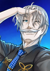 Rule 34 | 1boy, blue eyes, facial hair, fate/grand order, fate (series), grey hair, grin, hand in own hair, james moriarty (archer) (fate), james moriarty (gray collar) (fate), male focus, mustache, necktie, portrait, smile, solo, vest, waiz (waiz009)