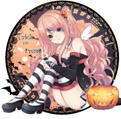 Rule 34 | 1girl, absurdres, alternate hair color, black footwear, black sleeves, blonde hair, blue eyes, breasts, bridal gauntlets, choker, cleavage, curly hair, detached sleeves, egg (rxlal), elsword, eve (elsword), floating hair, food-themed hair ornament, full body, hair between eyes, hair ornament, halloween costume, highres, jack-o&#039;-lantern, long hair, long sleeves, looking at viewer, pumpkin, pumpkin hair ornament, side ponytail, simple background, sitting, skull, small breasts, smile, solo, striped clothes, striped thighhighs, thighhighs, trick or treat, v, very long hair, white background