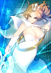 Rule 34 | 1girl, afk arena, aqua eyes, bad id, bad pixiv id, belinda (afk arena), braid, breasts, chromatic aberration, cleavage, dress, french braid, highres, hino tomoyuki, holding, holding staff, large breasts, light brown hair, open mouth, solo, staff, tiara, v-shaped eyebrows, white dress