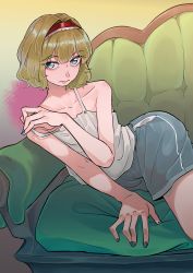 Rule 34 | 1girl, absurdres, alice margatroid, bare shoulders, blonde hair, blue eyes, blue nails, camisole, collarbone, couch, frogsnake, gym shorts, hairband, highres, looking at viewer, lying, nail polish, on side, red hairband, short hair, shorts, solo, spaghetti strap, touhou