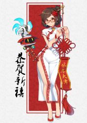 Rule 34 | 1girl, 2017, alternate eyewear, bird, blush, breasts, brown eyes, brown hair, chicken, china dress, chinese clothes, chinese zodiac, contrapposto, dress, drone, earrings, firecrackers, flower, full body, glasses, hair bun, hair flower, hair ornament, hair stick, highres, holding, jewelry, light smile, looking at viewer, mechanical bird, medium breasts, mei (overwatch), nengajou, new year, overwatch, overwatch 1, patterned background, red-framed eyewear, red footwear, robot, rooster, shoes, short hair, short sleeves, single hair bun, snowball (overwatch), solo, standing, terras, translation request, white background, white dress, year of the rooster