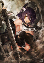 Rule 34 | 1girl, black gloves, black thighhighs, blouse, blush, breasts, checkered clothes, checkered necktie, checkered neckwear, dated, eyepatch, fingerless gloves, gloves, hair between eyes, headgear, highres, holding, holding weapon, kantai collection, large breasts, long sleeves, looking at viewer, necktie, open mouth, purple hair, shirt, short hair, skirt, sleeveless, sleeveless shirt, solo, sword, tenryuu (kancolle), tenryuu kai ni (kancolle), thighhighs, toka (marchlizard), torn clothes, torn skirt, weapon, white shirt, winter clothes, yellow eyes