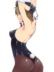 Rule 34 | 10s, 1girl, animal ears, ass, back-seamed legwear, brave witches, brown eyes, brown hair, em (totsuzen no hakike), fake animal ears, gloves, hat, leotard, looking back, pantyhose, playboy bunny, rabbit ears, rabbit tail, seamed legwear, solo, strike witches, tail, waltrud krupinski, world witches series, wrist cuffs